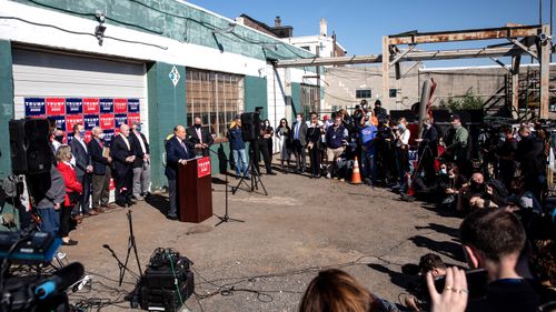 Attorney for the President, Rudy Giuliani speaks to the media at a press conference held in the back parking lot of landscaping company Four Seasons Total Landscaping in Philadelphia