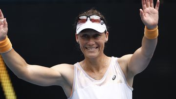 Samantha Stosur of Australia acknowledges the crowd after their round one doubles match against Hao-Ching Chan of Chinese Taipei and Zhaoxuan Yang of China during day four of the 2023 Australian Open at Melbourne Park on January 19, 2023 in Melbourne, Australia. (Photo by Daniel Pockett/Getty Images)