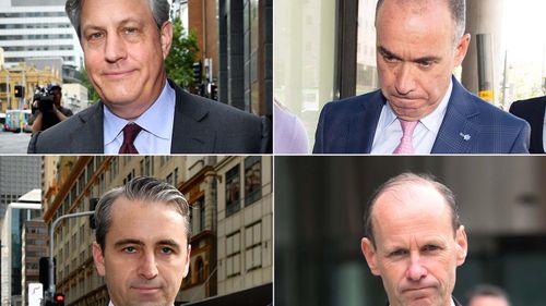 A composite file image of Westpac CEO Brian Hartzer (top left), National Australia Bank CEO Andrew Thorburn (top right), Commonwealth Bank CEO Matt Comyn (bottom left) and ANZ CEO Shayne Elliott (bottom right) leaving the Royal Commission.