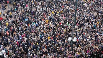 A view of crowds outside Hamburg City Hall ahead of King Charles III and Camilla, Queen Consort&#x27;s visit on March 31, 2023 in Hamburg, Germany. 