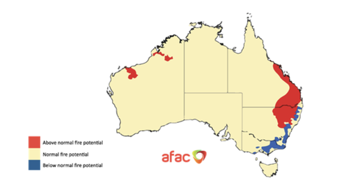 There's an 'above normal' fire risk for south-east Queensland and parts of northern New South Wales this Spring, Summer.