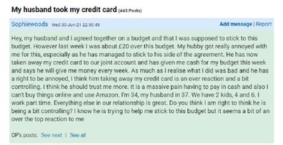 Mumsnet post credit card budget