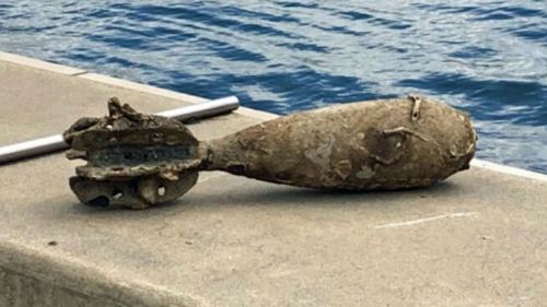 The 40cms-long munition found by divers on Sydney Harbour. (Photo: NSW Police).