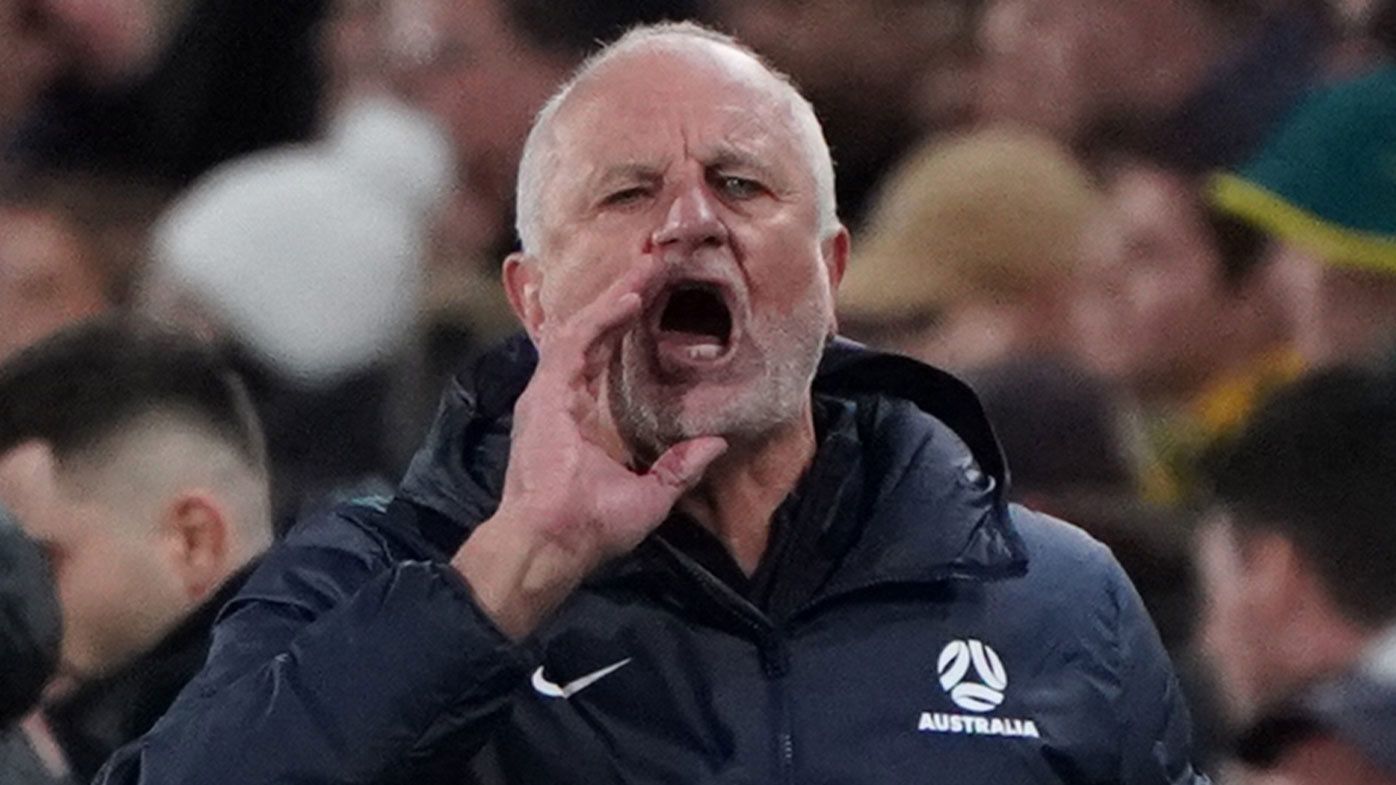 Socceroos coach Graham Arnold in action during the team&#x27;s friendly against New Zealand in 2023