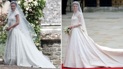 2. Pippa and Kate wear lace gowns by British designers.