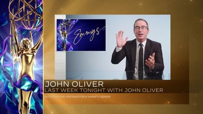 John Oliver accepts the Emmy for Outstanding Writing For A Variety Series for "Last Week Tonight With John Oliver" at 2021 Creative Emmy Awards.