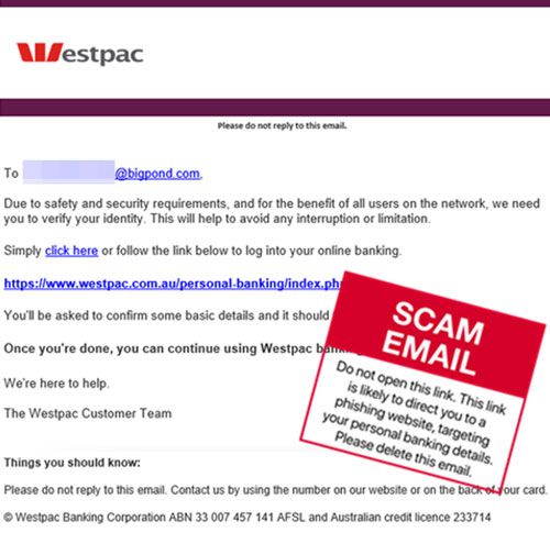A example of scam email sent to Westpac customers.