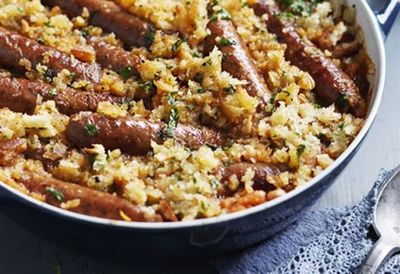 Sausage and white bean casserole with herbed breadcrumbs