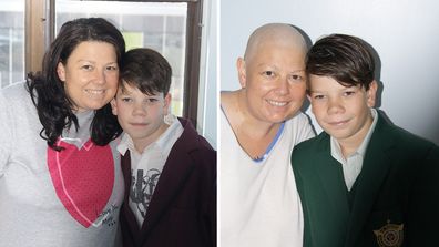 Jacob Boutcher with his mum Jodie before and after her cancer diagnosis.