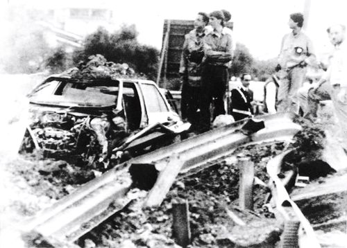 The remains of Italian judge Giovanni Falcone's car, which was blown up in May 1992, in retaliation for his conviction in 1987 of more than 300 mafia members. Mr Falcone, his wife, a fellow magistrate and three bodyguards died in the explosion. 