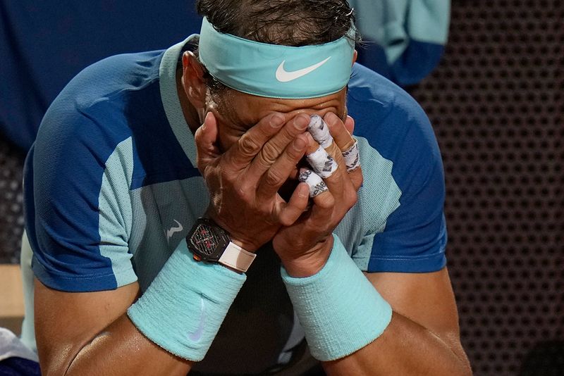 An injured Rafael Nadal shows his frustration during his loss to Denis Shapovalov at the Italian Open.