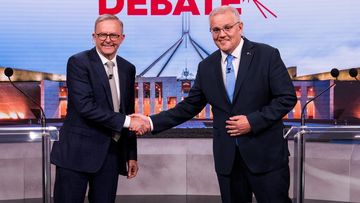 Australian Prime Minister Scott Morrison and Opposition Leader Anthony Albanese debate on live television ahead of the Federal election, to be held on Saturday 21st May 2022. Photographed at Channel Nine Leaders Debate Sunday 8th May 2022. 