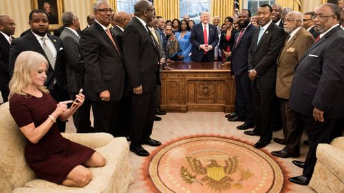 Kellyanne Conway ‘meant no disrespect’ by kneeling on Oval Office sofa