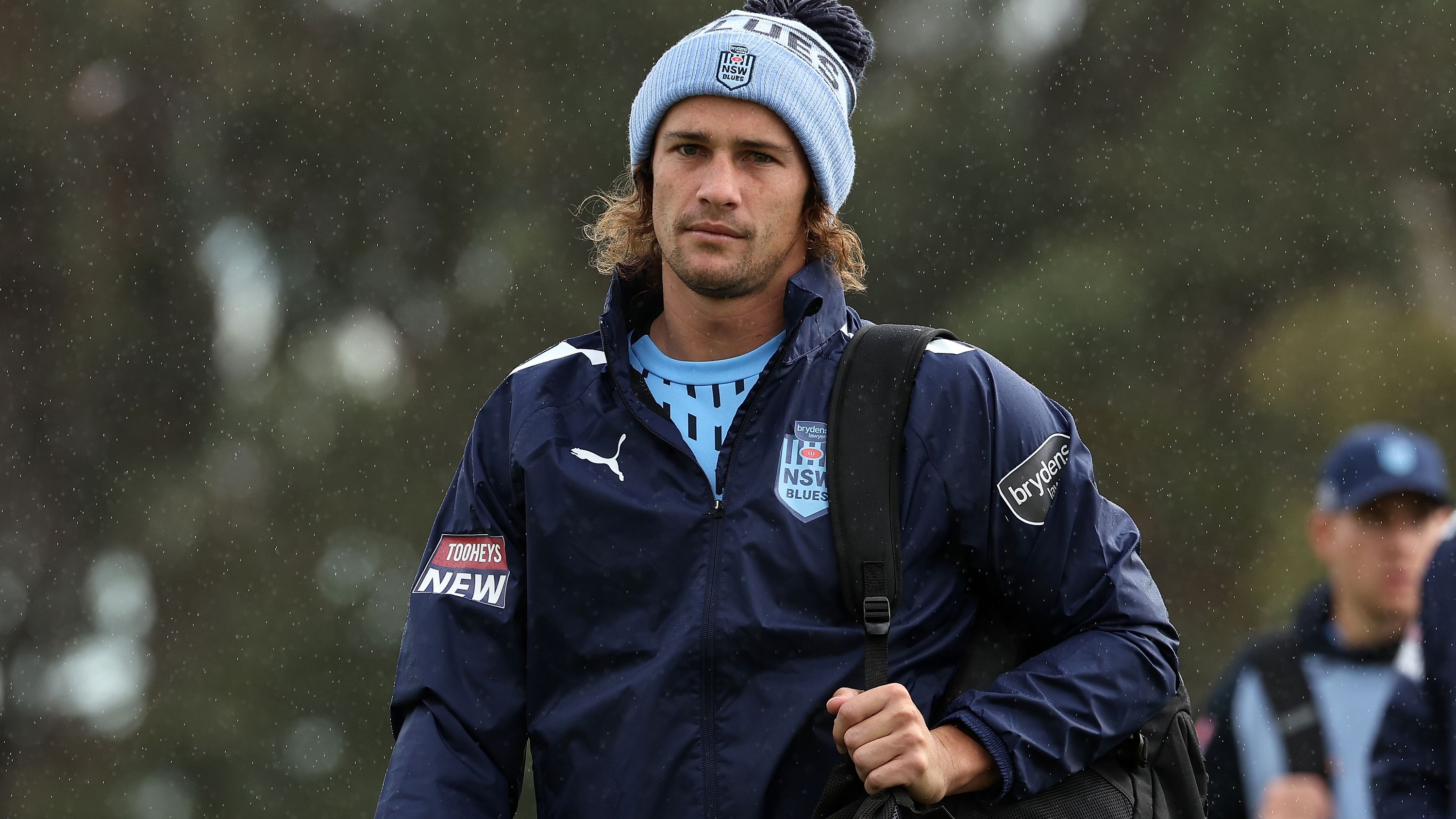 Nicho Hynes arrives for training during a New South Wales Blues session.