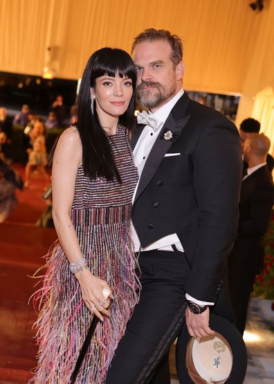 NEW YORK, NEW YORK - MAY 02: (Exclusive Coverage) (L-R) Lily Allen and David Harbour depart The 2022 Met Gala Celebrating "In America: An Anthology of Fashion" at The Metropolitan Museum of Art on May 02, 2022 in New York City. (Photo by Matt Winkelmeyer/MG22/Getty Images for The Met Museum/Vogue )
