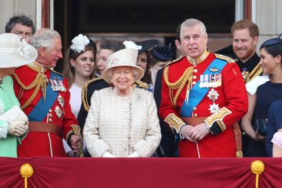 LONDON, ENGLAND - JUNE 08: Prince Charles, Prince of Wales, Princess Beatrice, Princess Anne, Princess Royal, Queen Elizabeth II, Prince Andrew, Duke of York, Prince Harry, Duke of Sussex and Meghan, Duchess of Sussex during Trooping The Colour, the Queen's annual birthday parade, on June 08, 2019 in London, England. (Photo by Chris Jackson/Getty Images)