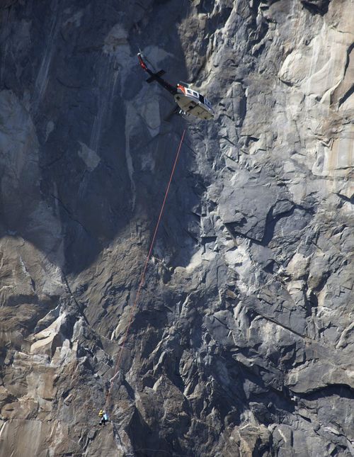 A helicopter makes a rescue off El Capitan after a major rock fall in Yosemite National Park, Calif. (Dakota Snider via AP)