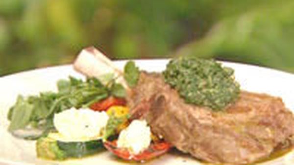 Veal cutlet with salsa verde and meditteranean vegetables
