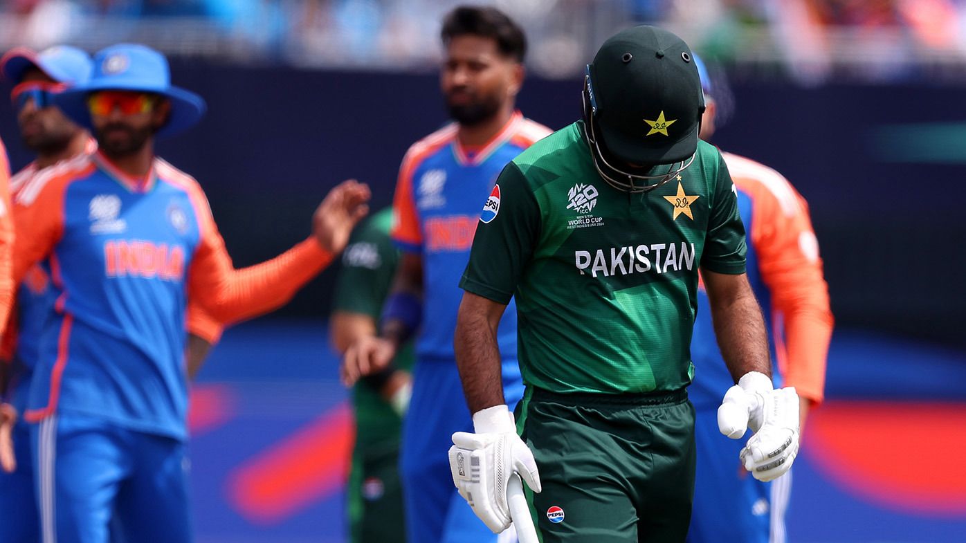 Fakhar Zaman of Pakistan leaves the field after being dismissed during the ICC Men&#x27;s T20 Cricket World Cup West Indies &amp; USA 2024 match between India and Pakistan at Nassau County International Cricket Stadium on June 09, 2024 in New York, New York. (Photo by Robert Cianflone/Getty Images)