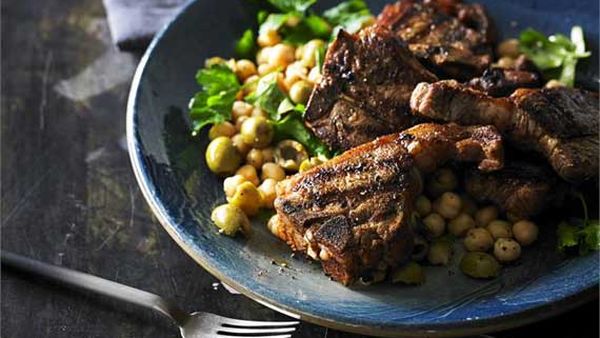 Smoked paprika lamb loin chops with chick pea and green olive salad