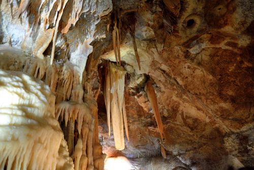 Natural formation of crystals by falling water droplets in Jenolan Caves, Blue Mountains in Australia.