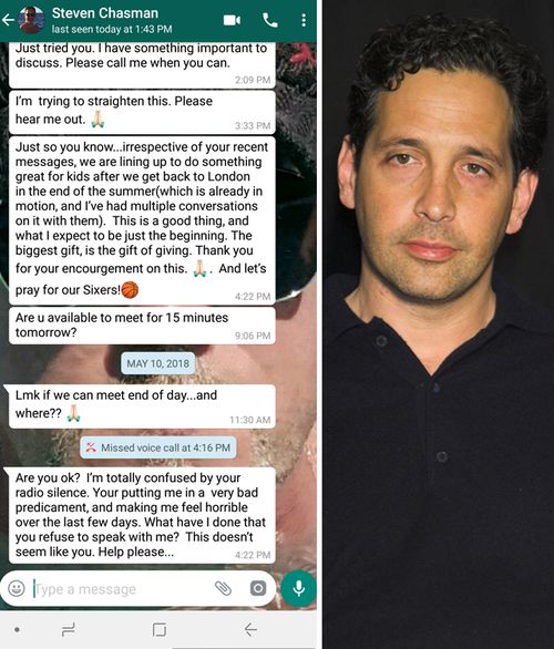 Photo of What's App messages sent by man known as Steven Chasman to R.J. Cipriani, dated May 2018. Steven Chasman (right) is actor Jason Statham's manager. (Supplied)