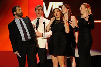 These guys deserved to win. Kristen Wiig and Rose Byrne were absent, but (from left to right), producer Judd Apatow, director Paul Feig and stars Maya Rudolph, Ellie Kemper and Wendi McLendon-Covey accepted the award.