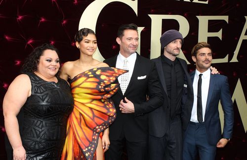 Keala Settle, Zendaya, Hugh Jackman, director Michael Gracey, and Zac Efron at the Australian premiere of The Greatest Showman. (AAP)