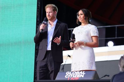 Prince Harry, Duke of Sussex and Meghan, Duchess of Sussex speak onstage during Global Citizen Live, New York on September 25, 2021 in New York City. 