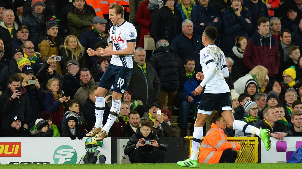 Harry Kane celebrates one of his two goals for Tottenham.