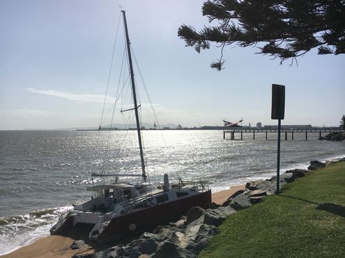 Strong winds and waves claimed the catamaran yesterday afternoon. (Supplied)