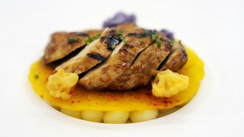 A prepared dish of Good Meat's cultivated chicken is shown at the Eat Just office in California.