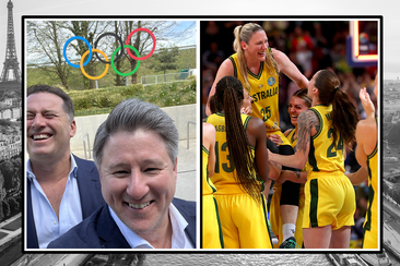 Karl Stefanovic and Mike Sneesby (left) visit IOC headquarters in Switzerland, while basketball legend Lauren Jackson (right) celebrates with the Opals.