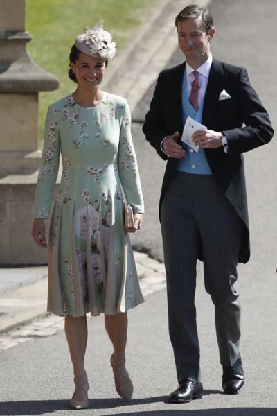 Duchess of Cambridge Kate Middleton's sister <strong>Pippa Middleton</strong> pictured, in label&nbsp;The Hepburn by The Fold, and her husband James Matthews arrives at the Royal wedding