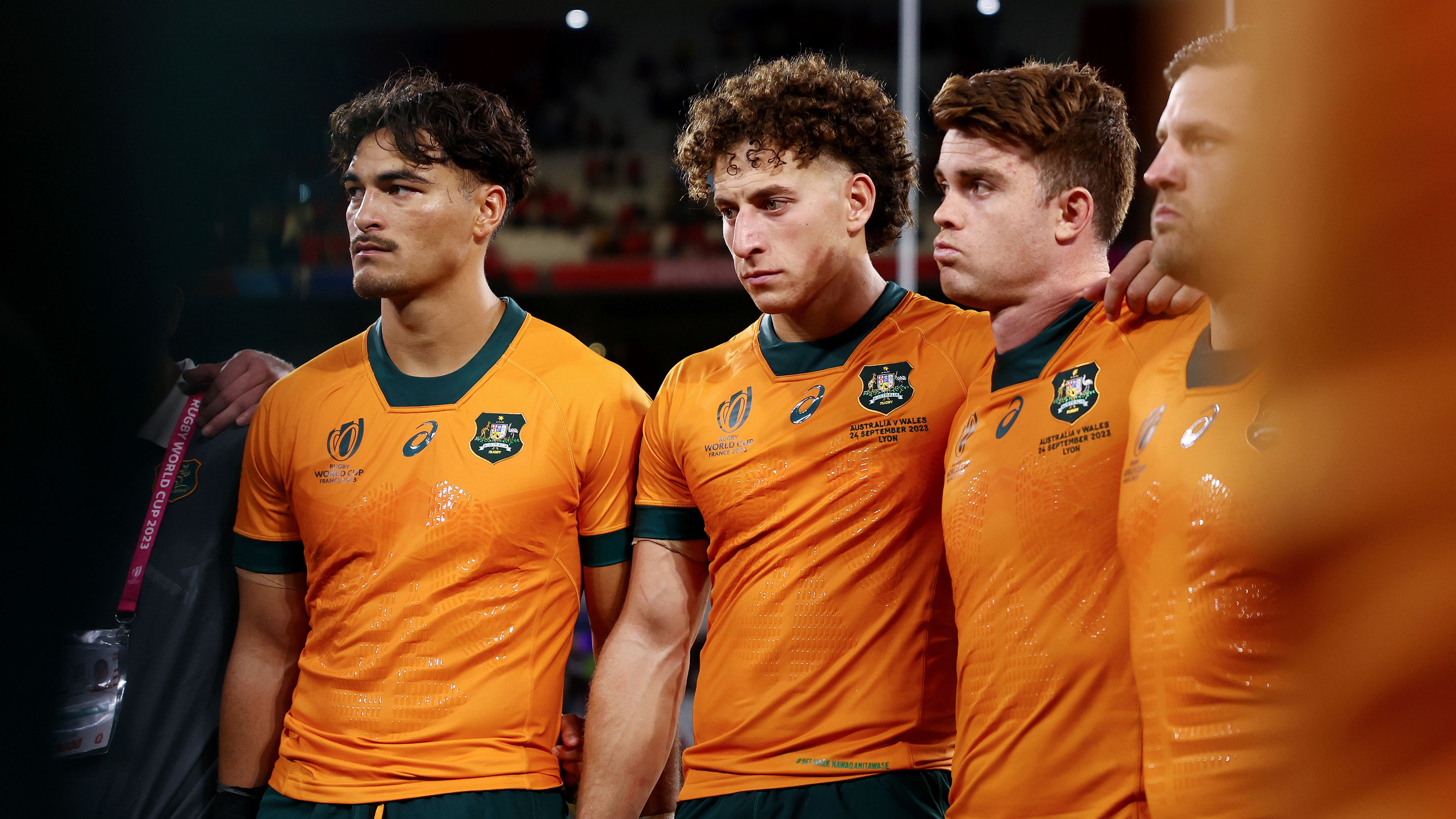 From left: Jordan Petaia, Mark Nawaqanitawase and Andrew Kellaway of Australia pictured after the Wallabies&#x27; 40-6 defeat to Wales.
