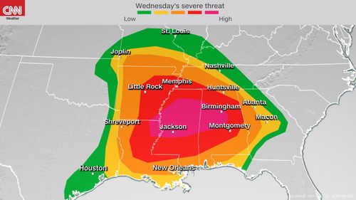 The Storm Prediction Center issued a "high risk" level alert and warned of a significant tornado outbreak in multiple waves across the US South on Wednesday.