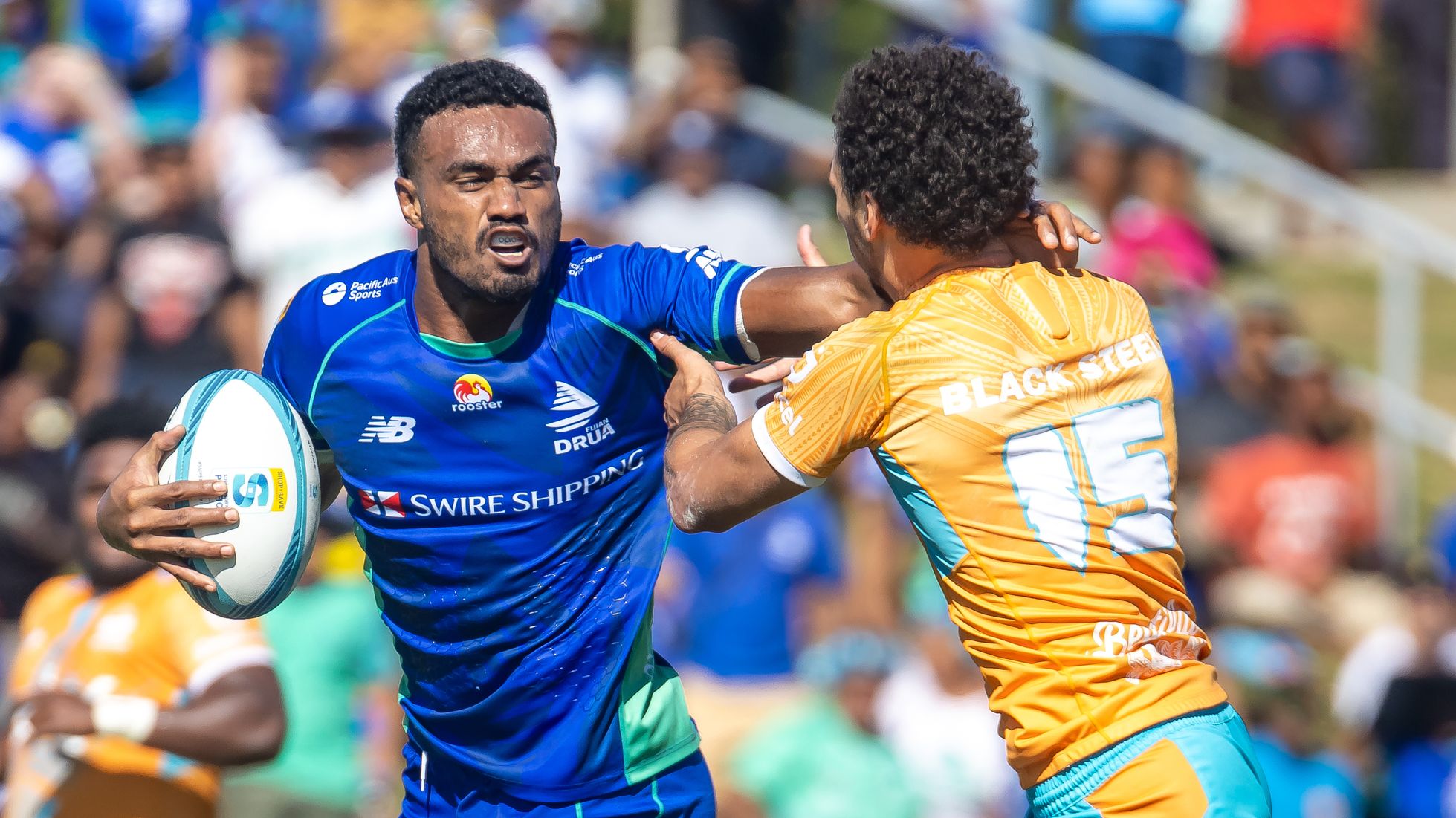 Isefo Masi runs with the ball during the round 14 Super Rugby Pacific match between Fijian Drua and Moana Pasifika at Churchill Park.