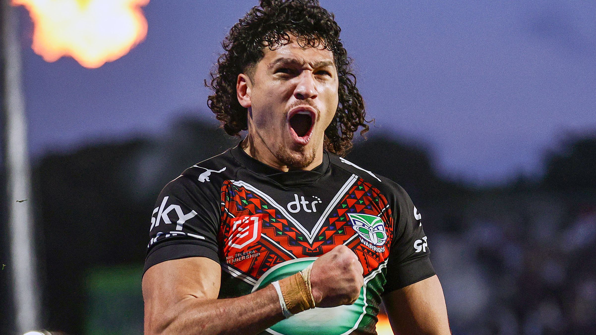 AUCKLAND, NEW ZEALAND - JULY 16: Dallin Watene-Zelezniak of the Warriors celebrates his try during the round 20 NRL match between the New Zealand Warriors and the Cronulla Sharks at Mt Smart Stadium on July 16, 2023 in Auckland, New Zealand. (Photo by Dave Rowland/Getty Images)