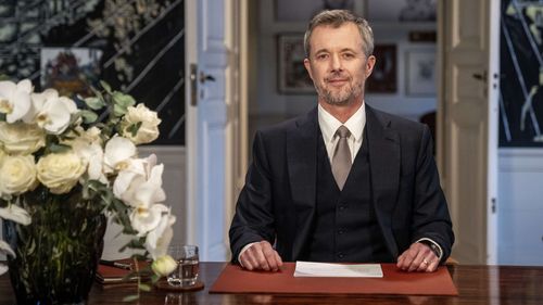 Denmark's King Frederik X smiles after giving the New Year's speech at Frederik VIII's Palace at Amalienborg Castle in Copenhagen, Denmark, Tuesday, Dec. 31, 2024. (Ida Marie Odgaard/Ritzau Scanpix via AP)