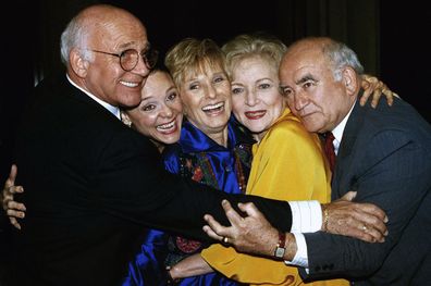 Former cast members of the Mary Tyler Moore Show, sans Mary Tyler Moore, are reunited back in 1992. From left are Gavin MacLeod, Valerie Harper, Cloris Leachman, Betty White and Ed Asner. 