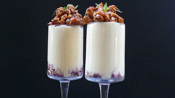Rose scented white chocolate mousse with candied walnuts