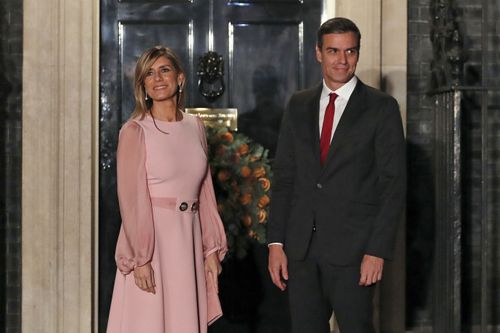 Spanish Prime Minister Pedro Sanchez and his wife Begona Gomez arrive at 10 Downing Street in London, Dec. 3, 2019.
