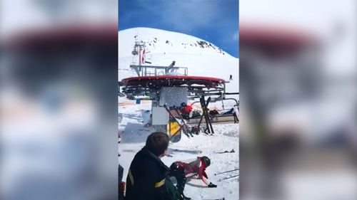 Ski lift riders were sent sprawling in Georgia, Europe, after the machine began malfunctioning. (Facebook/Knyshov Peter/Kuba Kaczkowksi)