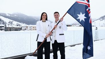 LIVIGNO, ITALY - FEBRUARY 04: Milano Cortina 2026 Winter Olympics Australian flag bearers Jakara Anthony and Matt Graham pose during an Australian Olympic team function at Casa Italia on February 04, 2026 in Livigno, Italy.  (Photo by Cameron Spencer/Getty Images)