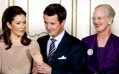 Queen Margrethe at the engagement announcement of Princess Mary and Prince Frederik in 2003. 