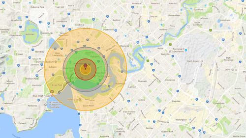 The impact of a nuclear bomb dropped on Perth. (Nukemap)