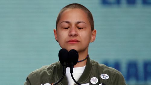 Emma Gonzalez, a survivor of the mass shooting at Marjory Stoneman Douglas High School in Parkland, Fla., closes her eyes and cries as she stands silently at the podium. (AP)
