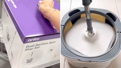 Corinne Mayfair tries out the dual section spin mop set she purchased from Kmart