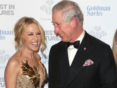 Kylie Minogue and King Charles (then Prince Charles) at a pre-dinner reception for the Prince's Trust Invest in Futures Gala Dinner, 2016. 
