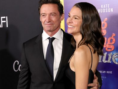 Hugh Jackman and Sutton Foster attend closing night gala premiere of Song Sung Blue during 2025 AFI FEST at TCL Chinese 6 Theatres on October 26, 2025 in Hollywood, California. 